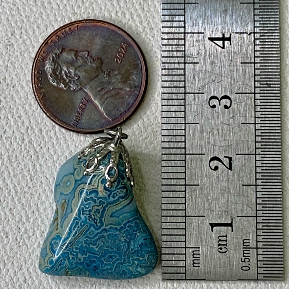 Vintage Blue Crazy Lace Agate Pendant Natural Stone Silver Tone Filigree Cap .9" - Picture 10 of 10